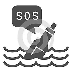 Bottle with sos message solid icon, ocean concept, Bottle on wave sign on white background, Bottle floating on waves