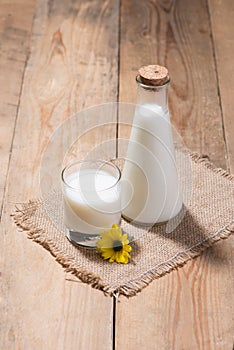 A bottle of soy milk or soya milk and soy beans on wooden table.