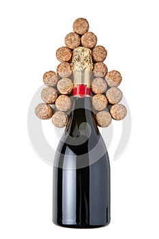 Bottle of sparkling wine and wine corks laid out in the shape of a Christmas tree isolated on a white background