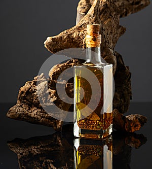 Bottle of spicy oil and olive tree snag on a black background