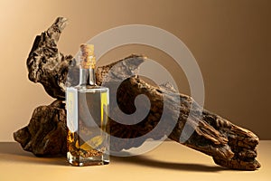 Bottle of spicy olive oil and olive tree snag on a beige background