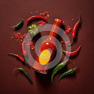 Bottle of spicy sauce with red hot chili pepper. Generative AI