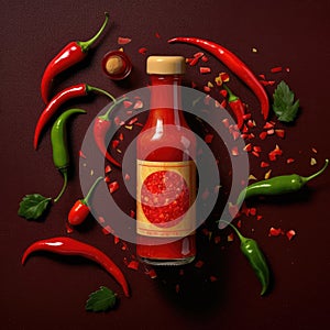 Bottle of spicy sauce with red hot chili pepper. Generative AI