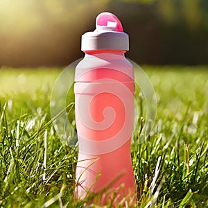 Bottle of sport drink on grass, nature background, health life concept