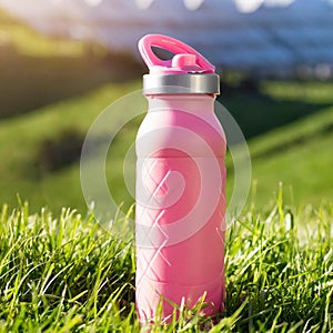 Bottle of sport drink on grass, nature background, health life concept