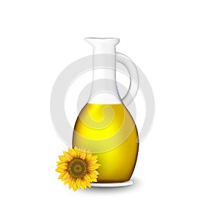 Bottle of sunflower oil with flower isolated on white