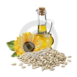 Bottle of sunflower oil, flower with leaf and peeled seeds isolated on white background