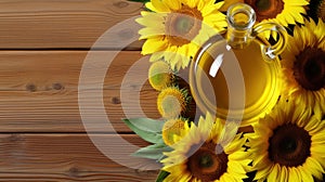 A bottle of sunflower oil next to a bunch of sunflowers. Generative AI image.