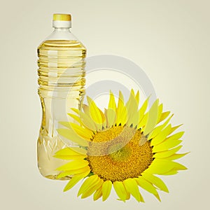 Bottle of sunflower oil and seed