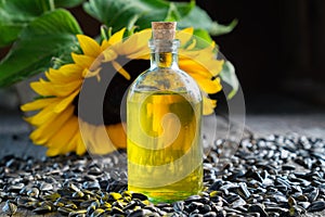 Bottle of sunflower oil, seeds and yellow sunflower.