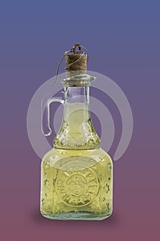 Bottle of sunflower, olive, cotton, corn or soybean oil isolated on a gradient background from red to blue