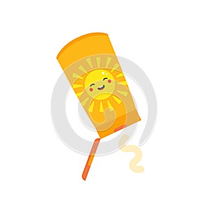 Bottle of sunscreen with smiling cartoon style sun character. Open sunscreen bottle with pouring cream. Vector icon, illustration