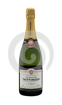 Bottle of Taittinger Brut Champagne on a white background