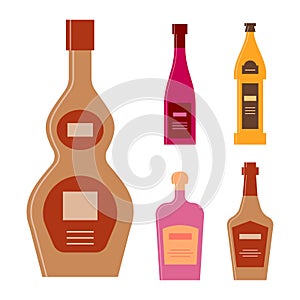 Bottle of tequila red wine beer liquor whiskey. Icon bottle with cap and label. Graphic design for any purposes. Flat style. Color