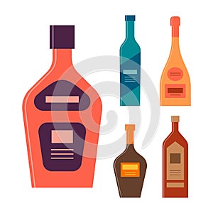 Bottle of tequila vodka champagne cognac brandy. Icon bottle with cap and label. Graphic design for any purposes. Flat style.