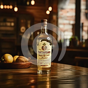 Bottle of Thin Harrar sits on a table