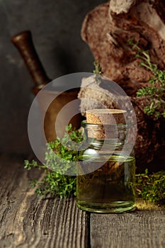 Bottle of thyme essential oil with fresh thyme twigs