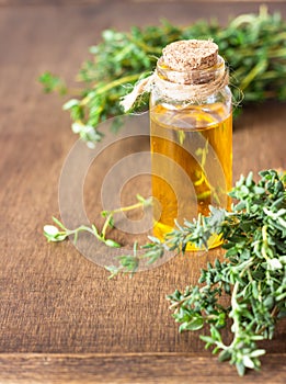 Bottle of thyme thymus essential oil with fresh thyme.