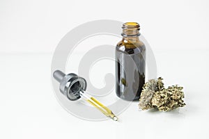 Tincture bottle with cannabis bud and dropper