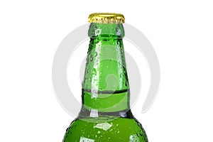 Bottle with to the declines of water on a white isolated background. Closeup