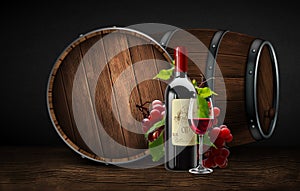 Bottle and transparent glass with red wine on a background of a wooden wine barrel. High detailed realistic illustration