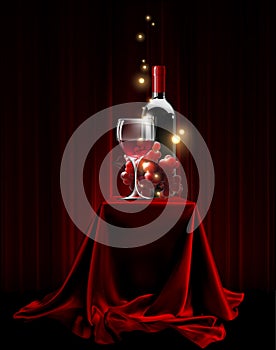 A bottle, a transparent glass of red wine and grapes on a podium decorated with red velvet fabric. Highly realistic illustration