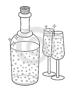 Bottle and two glasses - vector linear picture for coloring. A corked bottle and two glasses filled with a drink with bubbles - ch