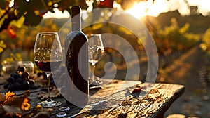 a bottle and two glasses of wine sit on an outdoor table with vines, grapes