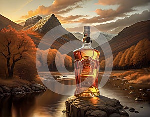 Bottle of unbranded scotch whisky on rock in Scottish Glen