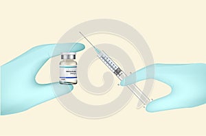 Bottle and Vaccine injection with hand and Medical gloves For Science on Background Illustration. Health Care Concept Design