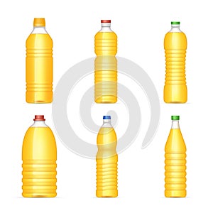 Bottle with vegetable oil. Realistic sunflower oil plastic bottles set. Food and ingredients