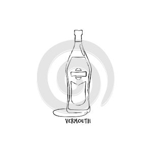 Bottle vermouth in hand drawn style. Restaurant illustration for celebration design. Retro sketch. Line art. Design element.