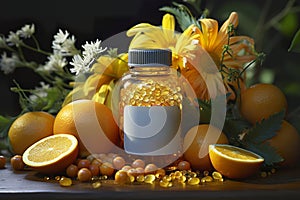 Bottle with vitamin C capsules during period of avitaminosis and health care