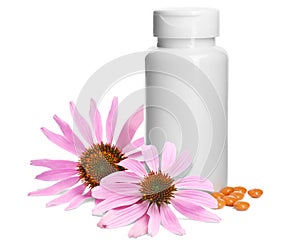 Bottle with vitamin pills and beautiful echinacea flowers on white background