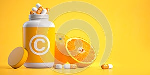 Bottle with vitamine C capsules and orange on yellow background