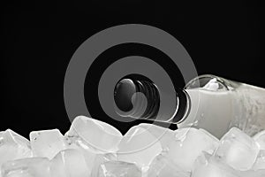 Bottle of vodka and ice cubes against black background. Space for text