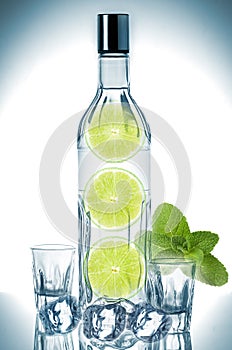 Bottle of vodka with lime, mint and ice cubes
