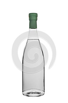 Bottle of vodka, moonshine and other strong colourless alcohol with a stopper isolated on a white background photo