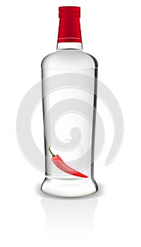 Bottle of vodka with red chili pepper inside.