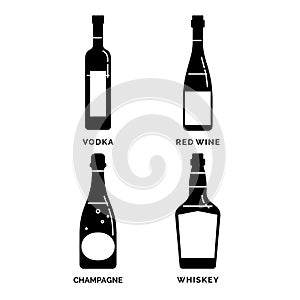 Bottle vodka red wine champagne whiskey as silhouette. Alcohol drink drawing. Black white. Decoration element. Bar menu design.