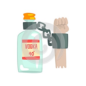 Bottle of vodka with shackles, bad habit, alcoholism concept