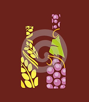 Bottle vodka and wine from pattern with wheat ears and bunches of grapes