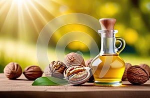 bottle of walnut oil on a wooden table, a pile of walnuts, a green forest on the background, healthy organic food, a
