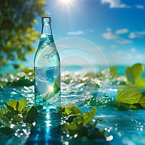 A bottle of water on a background of green leaves. Generative AI.