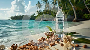 A bottle of water on the beach with shells and nuts, AI