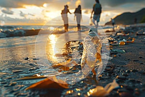 A bottle of water is on the beach with trash around it. Volunteer