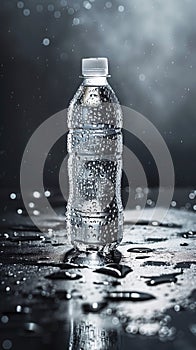 A bottle of water on a damp surface, containing liquid, in a glass bottle