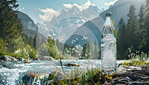 A bottle of water is floating in a river next to a mountain range by AI generated image