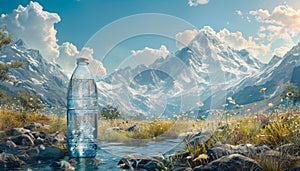 A bottle of water is floating in a river next to a mountain range by AI generated image