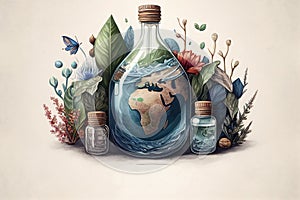 Bottle of water, inside - planet Earth, flowers and plants around, white background. Generative AI